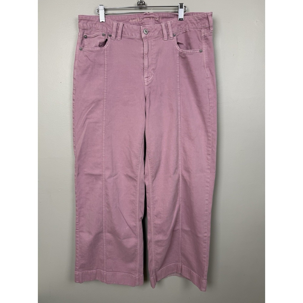 American Eagle Jeans Womens 14 Pink Low Rise Baggy Wide‎ Leg Stretch Denim